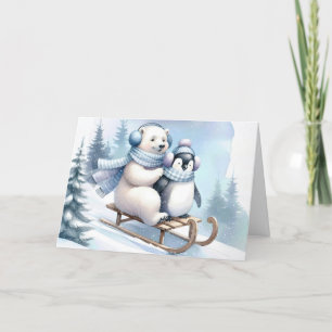 Penguin and Polar Bear On a Sled Holiday Card