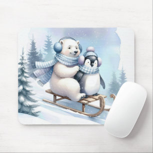 Penguin and Polar Bear On a Sled Mouse Mat