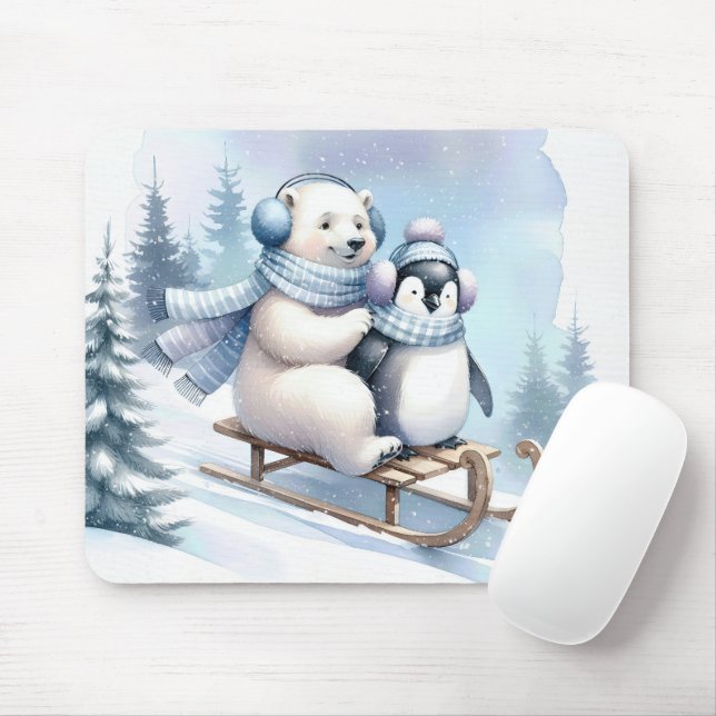 Penguin and Polar Bear On a Sled Mouse Mat (With Mouse)