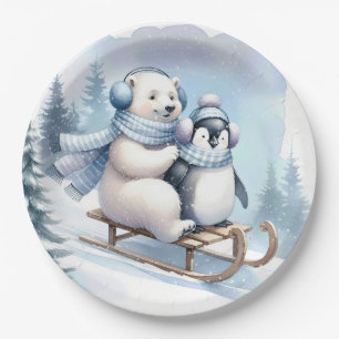 Penguin and Polar Bear On a Sled Paper Plate