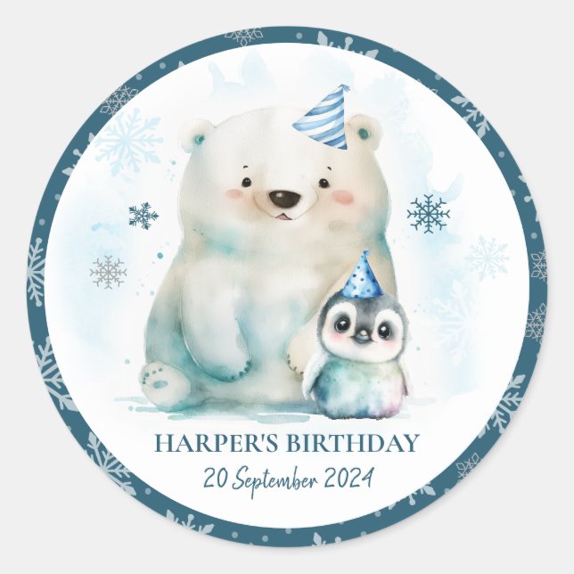 Penguin and Polar Bear Winter Birthday Classic Round Sticker (Front)