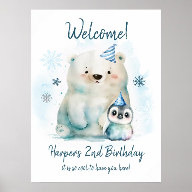 Penguin and Polar Bear Winter Birthday Poster (Front)
