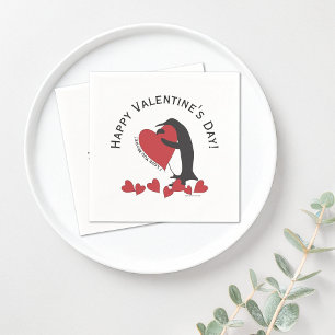 Penguin and Red Heart Happy Valentine’s Day Paper Napkin