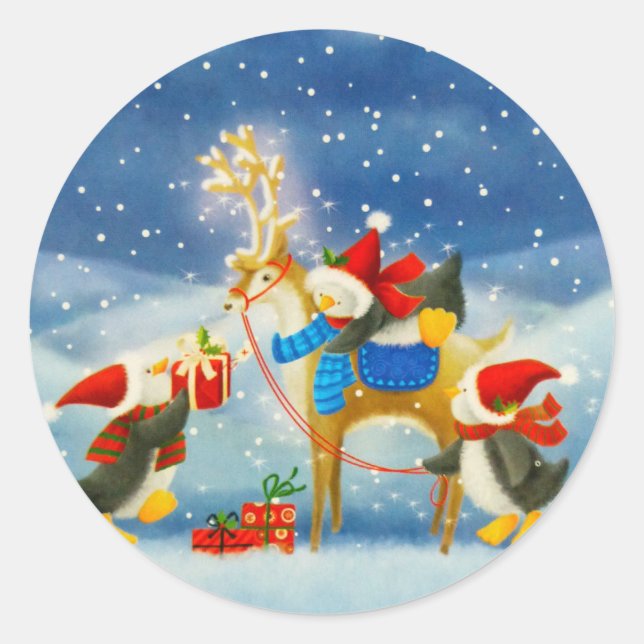 Penguin and Reindeer Classic Round Sticker (Front)