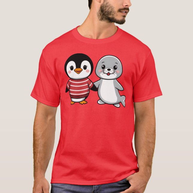 Penguin and Seal Friends holding hands friend T-Shirt (Front)