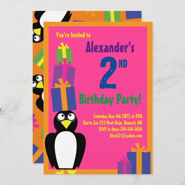 Penguin Animal Kid's Birthday Party Invitations (Front/Back)