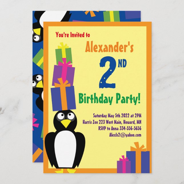 Penguin Animal Kid's Birthday Party Invitations (Front/Back)