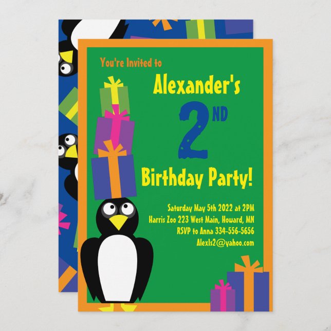 Penguin Animal Kid's Birthday Party Invitations (Front/Back)