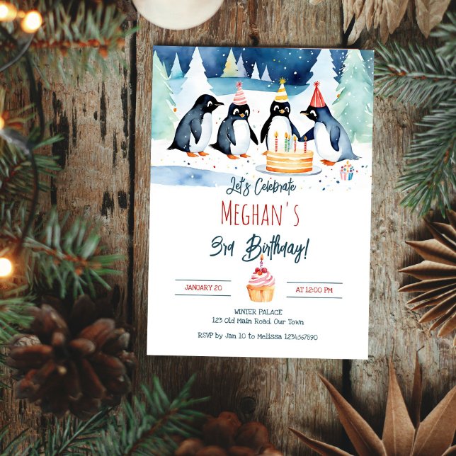 Penguin arctic winter birthday editable template (Penguin arctic winter birthday editable template invitation digital download watercolor winter party)