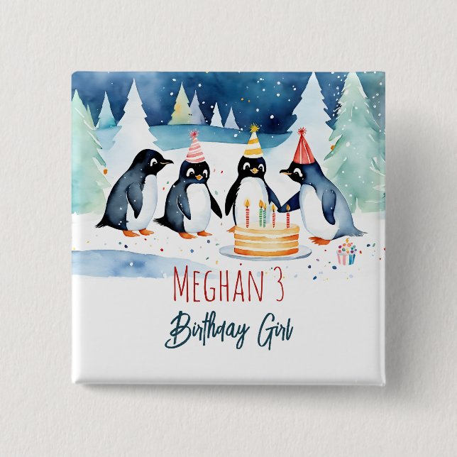 Penguin arctic winter birthday party  15 cm square badge (Front)