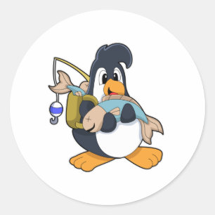 Penguin as Angler with Fish Classic Round Sticker
