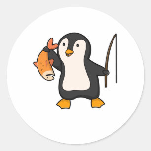 Penguin as Angler with Fish Classic Round Sticker