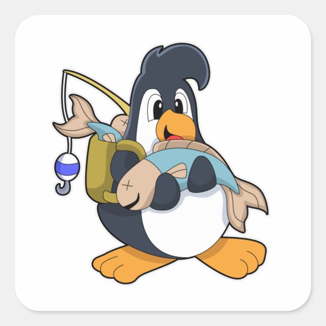 Penguin as Angler with Fish Square Sticker (Front)