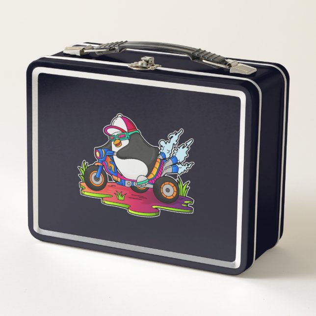 Penguin as Biker with Motorcycle Metal Lunch Box (Front)
