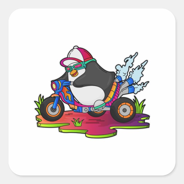 Penguin as Biker with Motorcycle Square Sticker (Front)