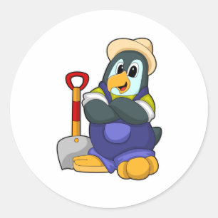 Penguin as Farmer with Shovel Classic Round Sticker