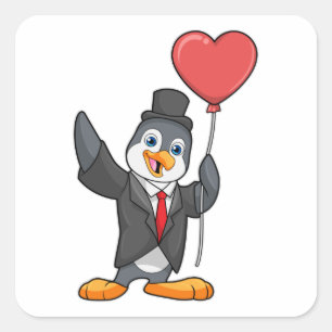 Penguin as Groom with Heart Ballon Square Sticker