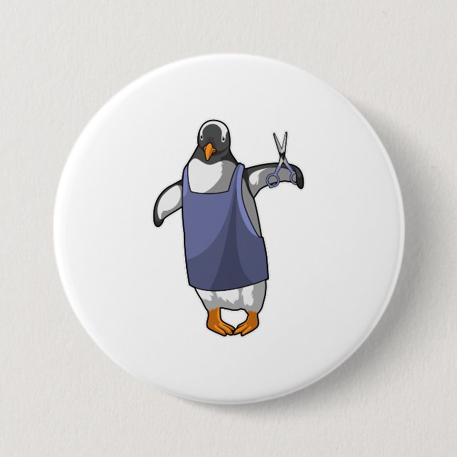 Penguin as Hairdresser with Scissors 7.5 Cm Round Badge (Front)