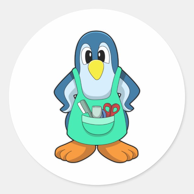 Penguin as Hairdresser with Scissors & Razor Classic Round Sticker (Front)