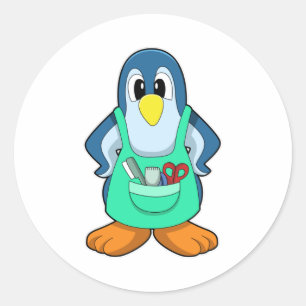 Penguin as Hairdresser with Scissors & Razor Classic Round Sticker