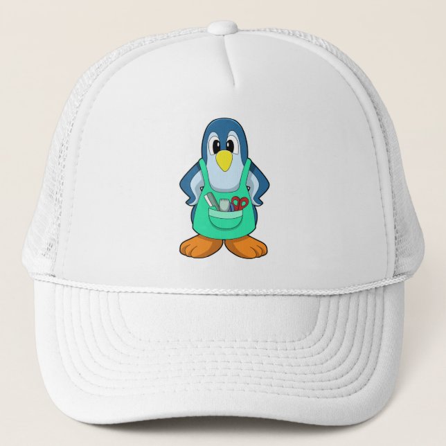 Penguin as Hairdresser with Scissors & Razor Trucker Hat (Front)