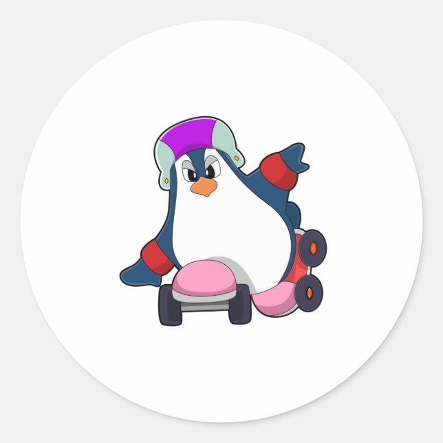 Penguin as Inline Skater with Inline Skates Classic Round Sticker (Front)
