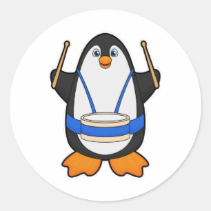 Penguin as Musician with Drum Classic Round Sticker