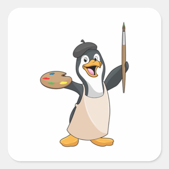 Penguin as Painter with Paint brush & Colour Square Sticker (Front)