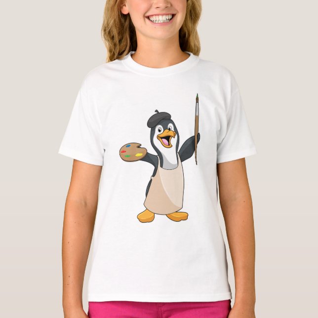 Penguin as Painter with Paint brush & Colour T-Shirt (Front)
