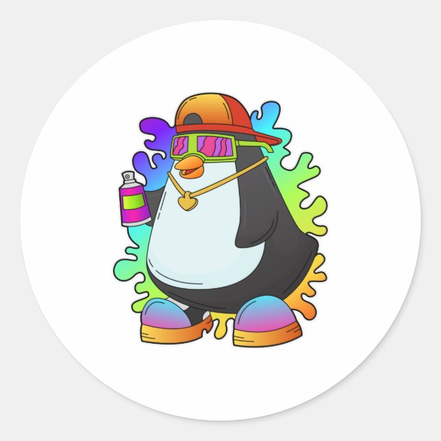Penguin as Painter with Spray Classic Round Sticker (Front)