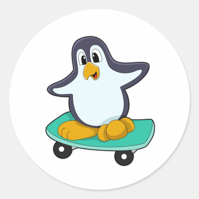 Penguin as Skater on Skateboard Classic Round Sticker (Front)