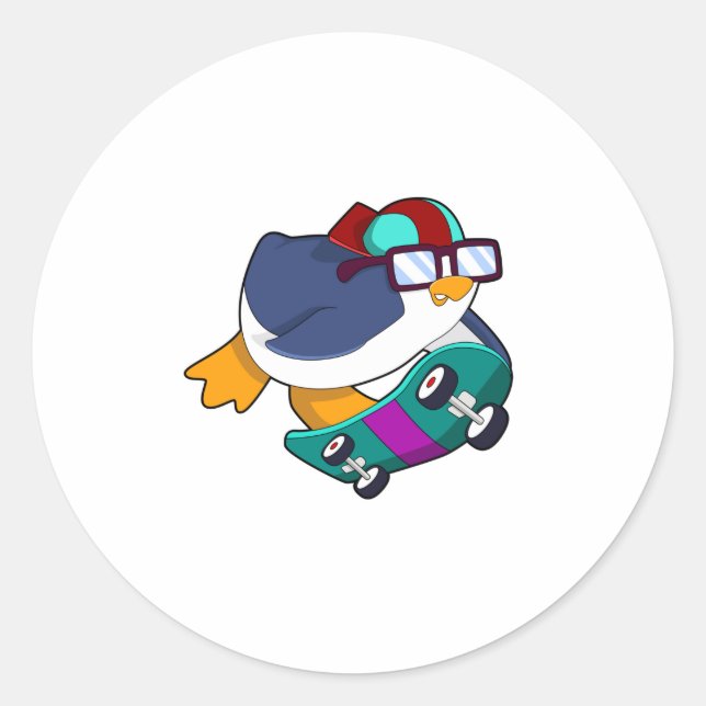 Penguin as Skater with Skateboard Classic Round Sticker (Front)