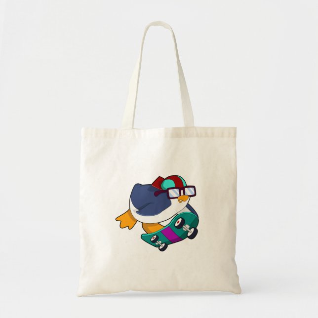 Penguin as Skater with Skateboard Tote Bag (Front)