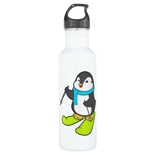 Penguin as Skier with Ski 710 Ml Water Bottle (Front)