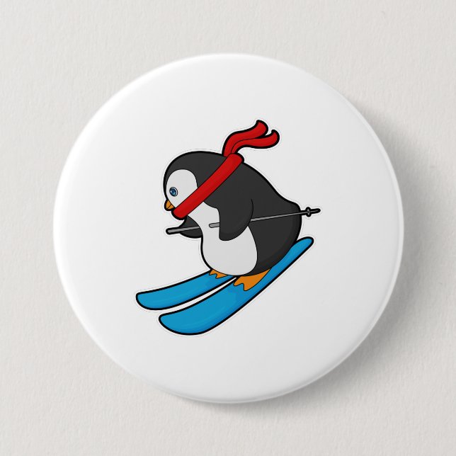 Penguin as Skier with Ski 7.5 Cm Round Badge (Front)
