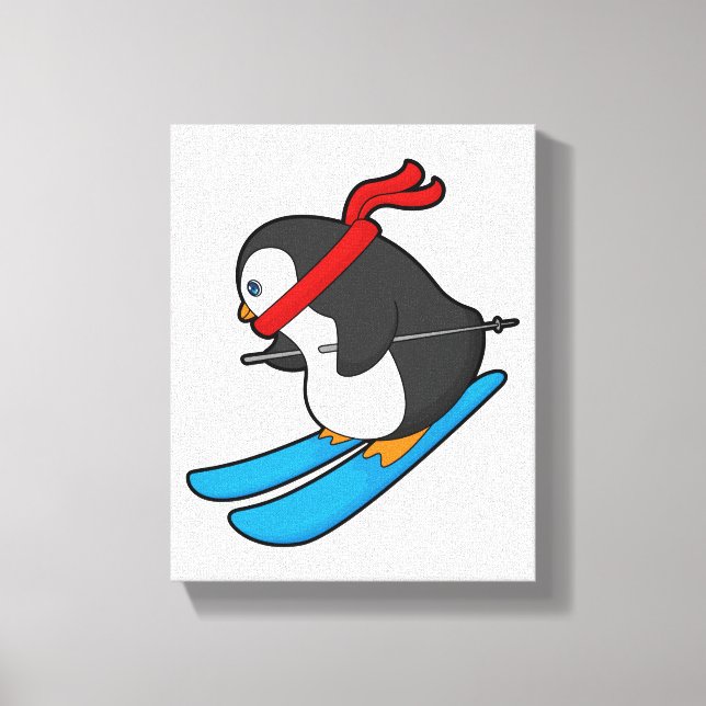 Penguin as Skier with Ski Canvas Print (Front)