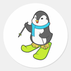 Penguin as Skier with Ski Classic Round Sticker