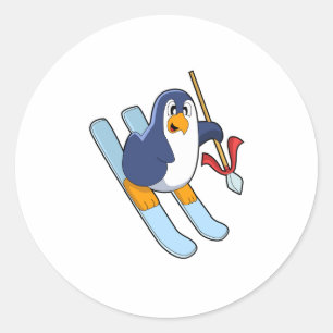 Penguin as Skier with Ski Classic Round Sticker