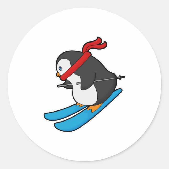 Penguin as Skier with Ski Classic Round Sticker (Front)