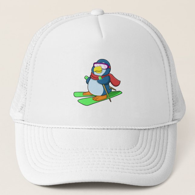 Penguin as Skier with Ski Scarf & Sunglasses Trucker Hat (Front)