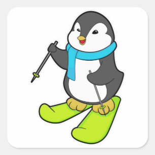 Penguin as Skier with Ski Square Sticker