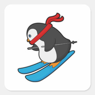 Penguin as Skier with Ski Square Sticker