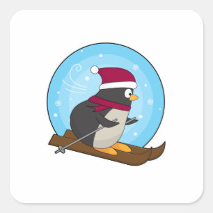 Penguin as Skier with Skis Square Sticker