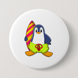 Penguin as Surfer with Surfboard 7.5 Cm Round Badge