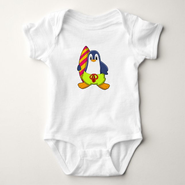 Penguin as Surfer with Surfboard Baby Bodysuit (Front)