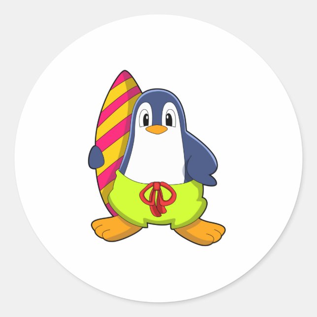 Penguin as Surfer with Surfboard Classic Round Sticker (Front)