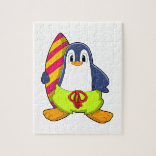 Penguin as Surfer with Surfboard Jigsaw Puzzle