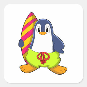 Penguin as Surfer with Surfboard Square Sticker