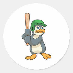 Penguin at Baseball with Baseball bat & Helmet Classic Round Sticker