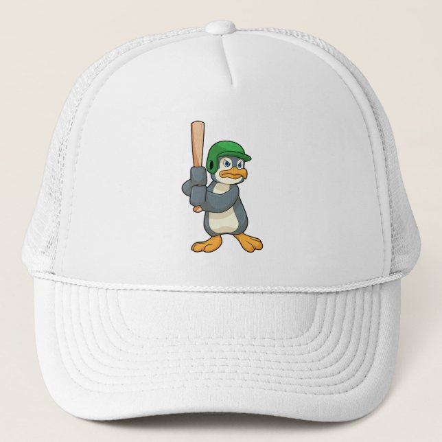 Penguin at Baseball with Baseball bat & Helmet Trucker Hat (Front)